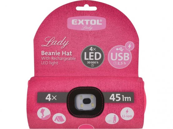 EXTOL LIGHT čepice s čelovkou 4x45lm, USB nabíjení, růžová, univerzální velikost