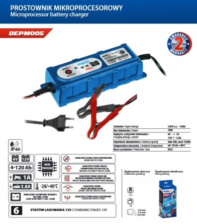 Dedra mikroprocesorová nabíječka autobaterií 1A/3.8A, 6V/12V, 4-120Ah DEPM005