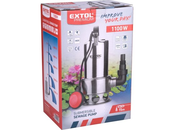 EXTOL PREMIUM čerpadlo ponorné kalové, nerezové tělo, 1100W, 1600l/h, 15m kabel