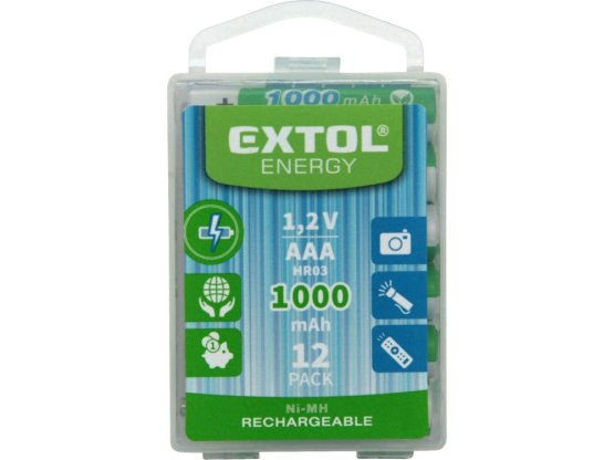 EXTOL ENERGY baterie nabíjecí, 12ks, AAA (HR03), 1,2V, 1000mAh, NiMh