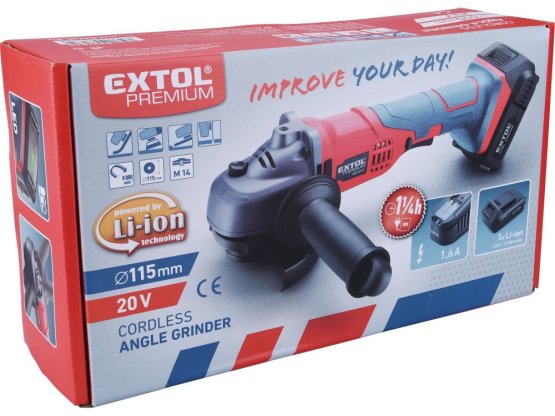 EXTOL PREMIUM bruska úhlová aku SHARE20V, 115mm, 20V Li-ion, 2000mAh