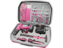 EXTOL LADY vrtací šroubovák aku s příklepem, růžový, 12V Li-ion, 2000mAh, v kufru s nářadím, sada 27ks