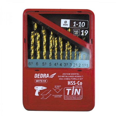 Dedra sada vrtáků do kovu, materiál HSS+kobalt+TiN, 135°,  19ks