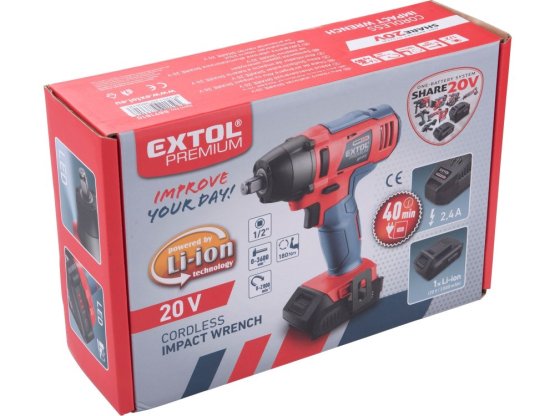 EXTOL PREMIUM utahovák rázový 1/2" aku SHARE20V, 180Nm, 20V Li-ion, bez baterie a nabíječky