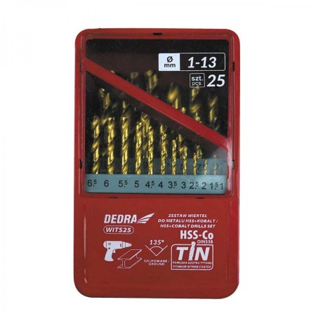 Dedra sada vrtáků do kovu, materiál HSS+kobalt+TiN, 135°,  25ks