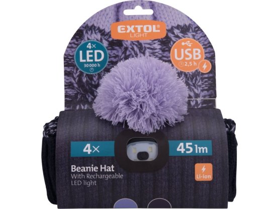 EXTOL LIGHT čepice s čelovkou 4x45lm, USB nabíjení, tmavě modrá/fialová s bambulí, univerzální velikost