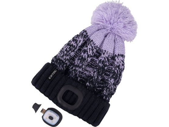 EXTOL LIGHT čepice s čelovkou 4x45lm, USB nabíjení, tmavě modrá/fialová s bambulí, univerzální velikost