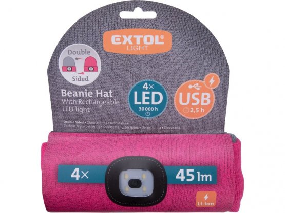 EXTOL LIGHT čepice s čelovkou 4x45lm, USB nabíjení, světle šedá/růžová, oboustranná, univerzální velikost
